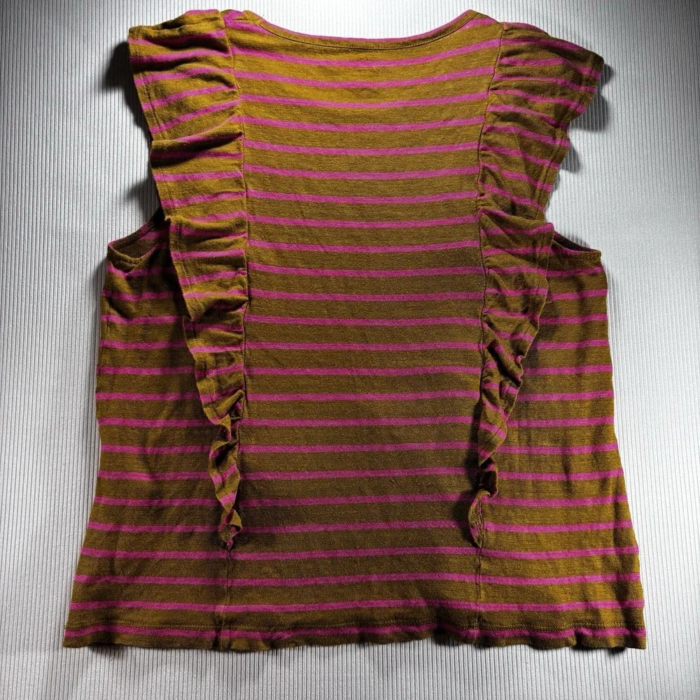 J. Crew‎ Women's Brown/Pink  Stripe 100% Linen  Ruffled Tank Top Medium